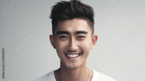 白背景で爽やかに笑う・笑顔のアジア人男性（Generative AI） 
