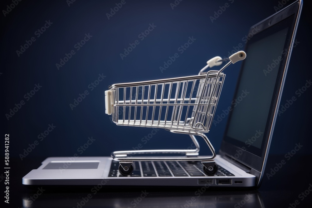 Shopping cart on top of laptop, supermarket trolley on laptop keyboard, blue background, Generative AI