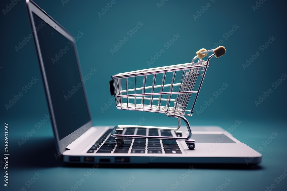 Shopping cart on top of laptop, supermarket trolley on laptop keyboard, blue background, Generative AI