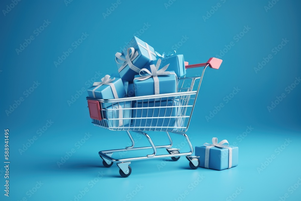 Shopping cart full of gift boxes, isolated on blue background, Generative AI