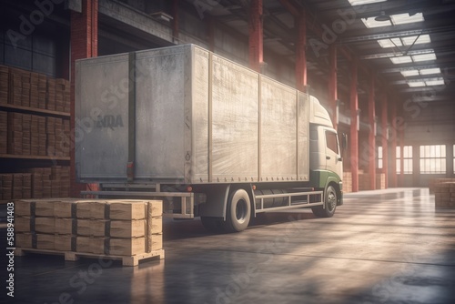 Cargo truck in distribution center, logistic warehouse, Generative AI © Kaleb