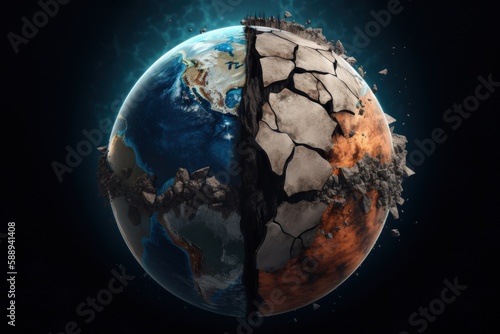 Planet earth with one half destroyed and one half preserved, earth day concept, environment preservation concept, Generative AI photo