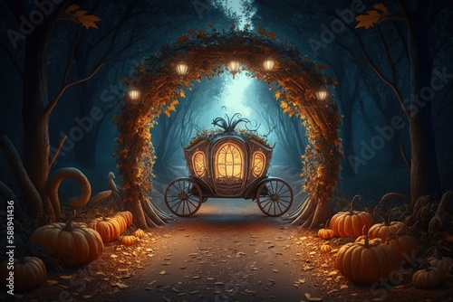 Pumpkin carriage on road in magic forest, Cinderella's pumpkin carriage, Generative AI