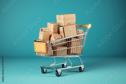 Shopping cart with cardboard boxes, Supermarket cart, blue background, Generative AI