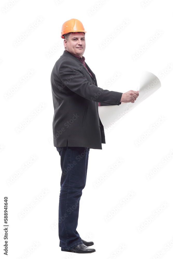 business man architect with drawings. isolated on a white business man architect with drawings. isolated on a white