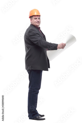business man architect with drawings. isolated on a white