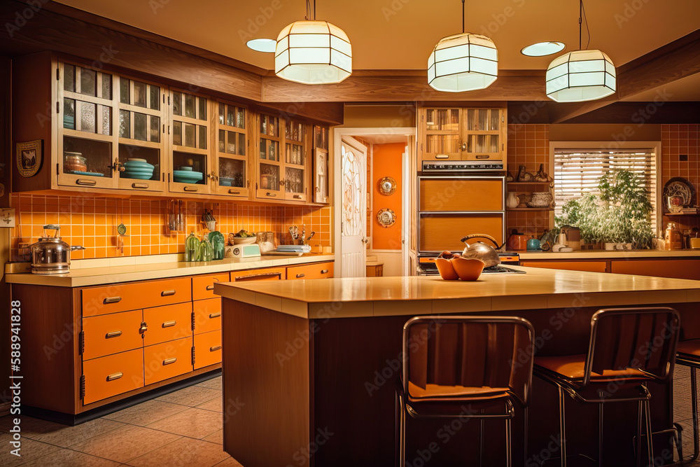 Retro kitchen interior design. Generative AI