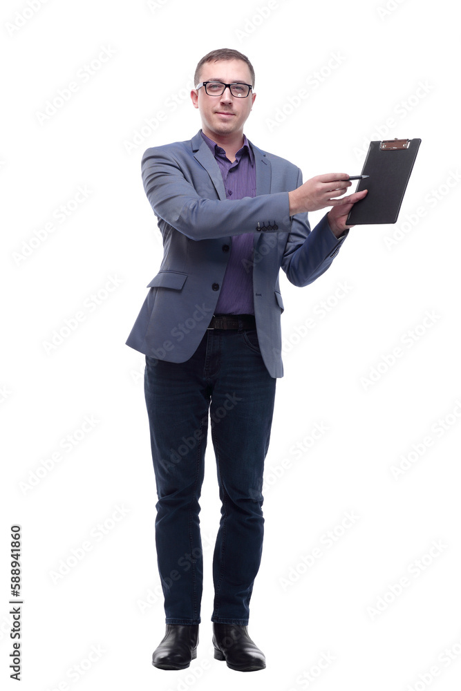 Portrait of businessman pointing at clipboard and looking at camera Portrait of businessman pointing at clipboard and looking at camera