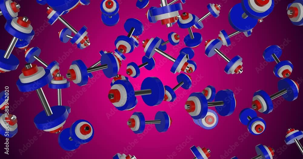 Blue White Red Dumbbells falling slow motion Blue White Red Dumbbells falling slow motion