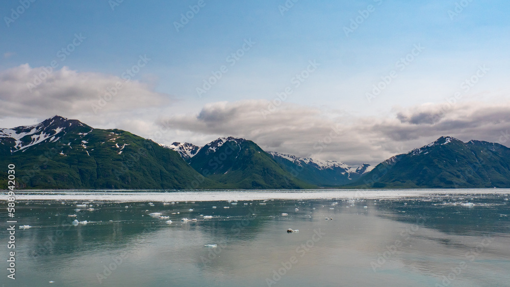 Mountain coast natural seascape. Hubbard Glacier nature in Alaska, USA. Scenic view