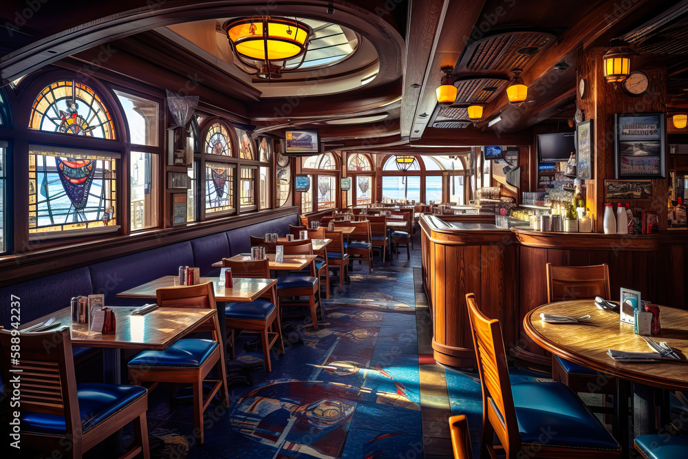 Nautical themed restaurant interior design. Generative AI