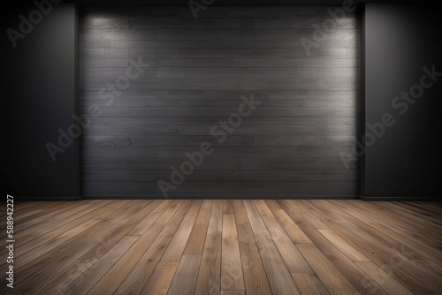 an empty room with a minimalist design featuring a wooden floor and a black wall. Generative AI