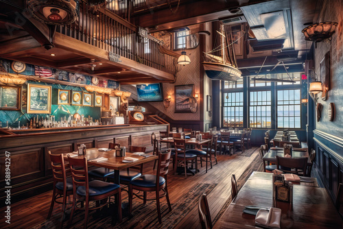Nautical themed restaurant interior design. Generative AI