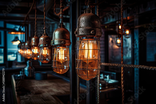 Hanging lights in nautical themed restaurant interior design. Generative AI