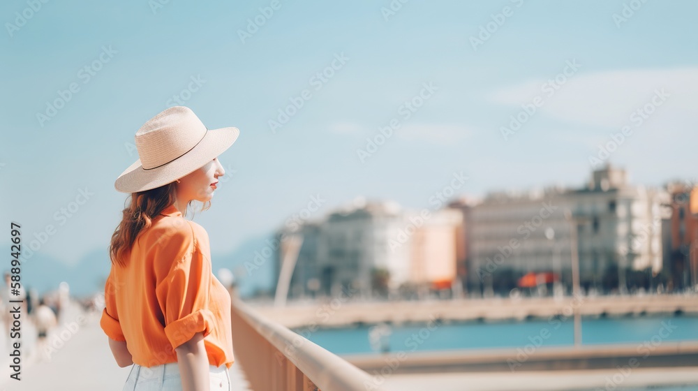Young Caucasian woman in summer hat enjoying a leisurely stroll by marina with moored yachts. AI Generative