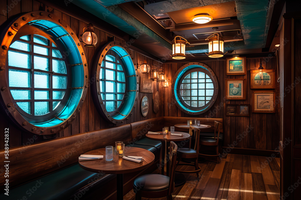 Nautical themed restaurant interior design. Generative AI Nautical themed restaurant interior design. Generative AI