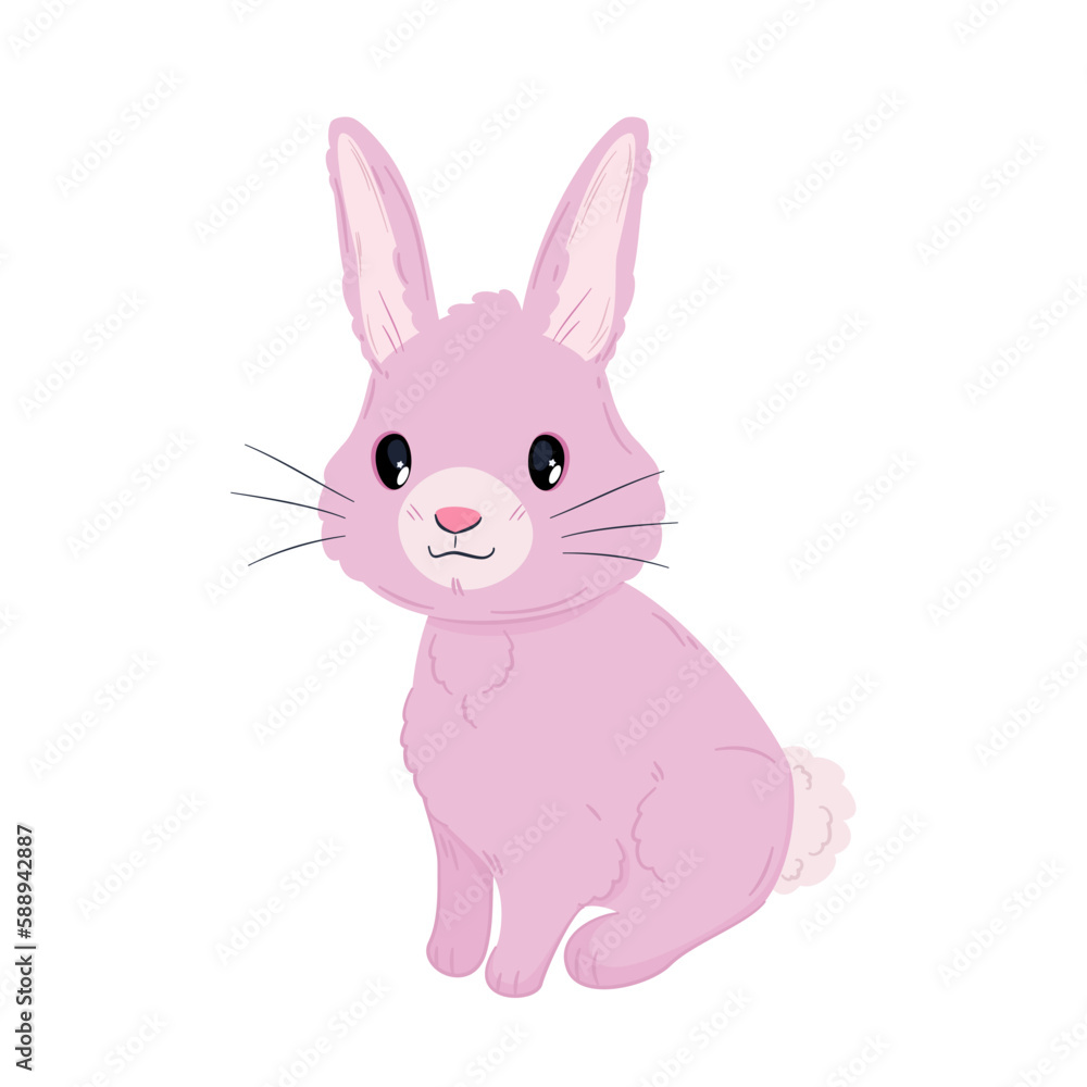 Mały różowy królik. Urocze zwierzątko w stylu kawaii. Siedzący zając na białym tle. Ilustracja wektorowa. - obrazy, fototapety, plakaty 