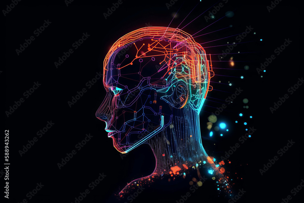 Ai artwork of a human head with ai technology network graphics and connections. Generative ai. Ai artwork of a human head with ai technology network graphics and connections. Generative ai.