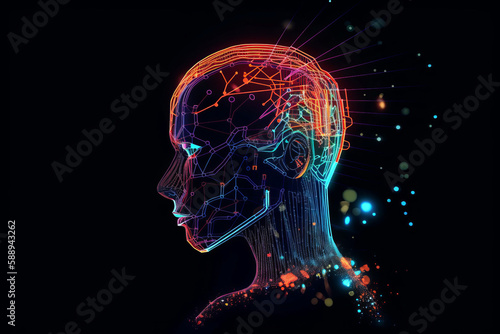 Ai artwork of a human head with ai technology network graphics and connections. Generative ai.