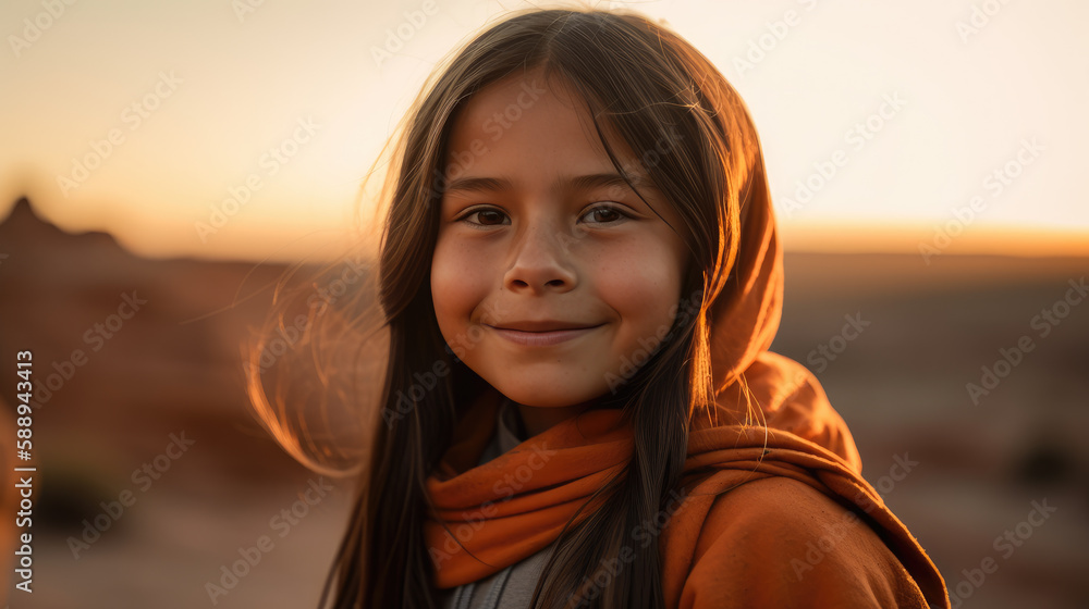 Portrait of native american girl at sunset by generative AI Portrait of native american girl at sunset by generative AI