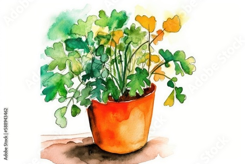 watercolor painting of a potted plant with vibrant colors and intricate details. Generative AI