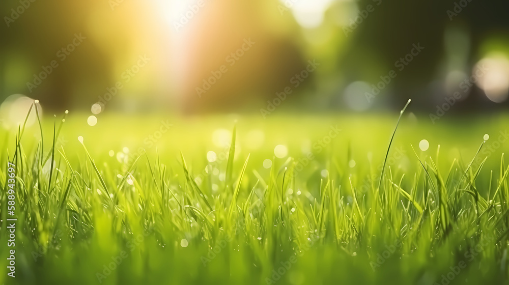 Bright Spring day with a green grass meadow, bright sunlight, tree leaves. - Generative AI