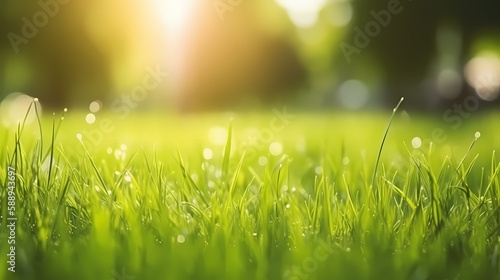 Bright Spring day with a green grass meadow, bright sunlight, tree leaves. - Generative AI