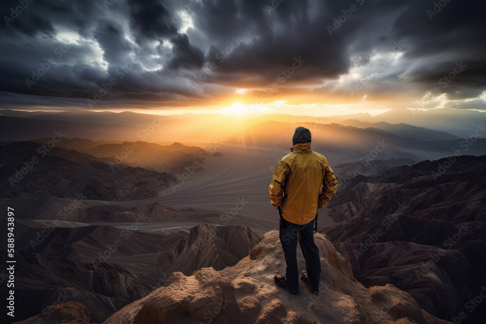 Photorealistic ai artwork of a person standing on top of a mountain at sunset or sunrise. Taking a photo. Generative ai.
