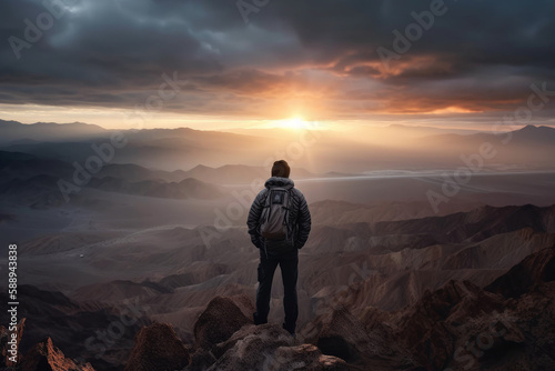 Photorealistic ai artwork of a person standing on top of a mountain at sunset or sunrise. Taking a photo. Generative ai. © JG Marshall