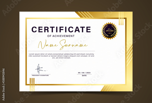 Award certificate template. gold color gradation with gold badge and border. wave line pattern,Blank award design. Vector Illustration
