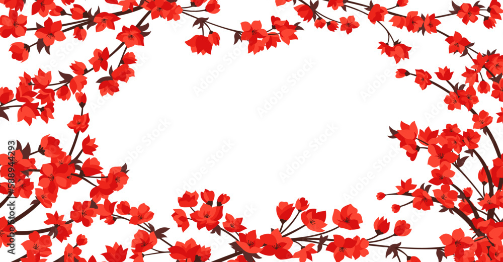 Cherry blossom branch with red flower frame banner or card. Elegant Japanese blooming twig plant with flowers petals. Asian Chinese spring blossoming background. Vector oriental template illustration Cherry blossom branch with red flower frame banner or card. Elegant Japanese blooming twig plant with flowers petals. Asian Chinese spring blossoming background. Vector oriental template illustration