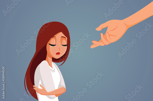 Sad Unhappy Woman Receiving a Helping Hand Vector Illustration. Person receiving aid from an empathic professional counselor 
