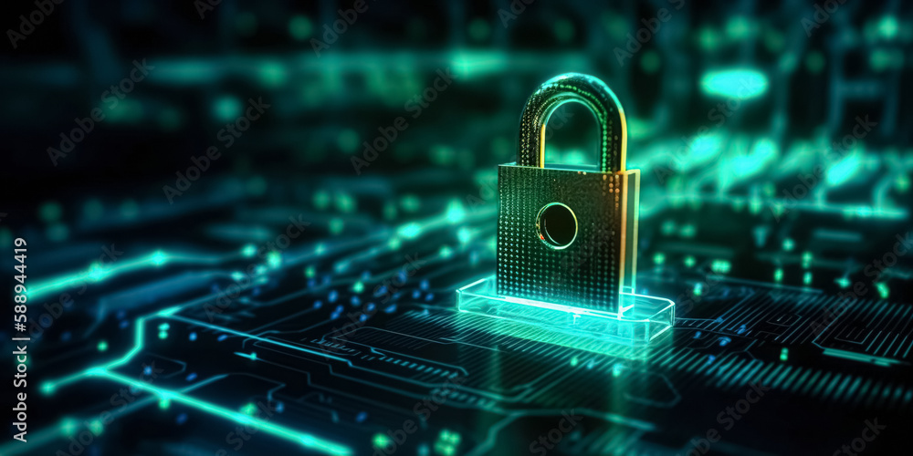 Cybersecurity concept, user privacy security and encryption, secure internet access. Future technology and cybernetics background , screen padlock with copy space Cybersecurity concept, user privacy security and encryption, secure internet access. Future technology and cybernetics background , screen padlock with copy space