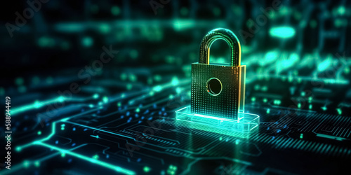 Cybersecurity concept, user privacy security and encryption, secure internet access. Future technology and cybernetics background , screen padlock with copy space