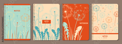 Dandelion with flying seeds trendy notebook cover set. Abstract summer plant design for notepad planner, brochure, book, catalog with flowers. Decorative layout page floral print template vector