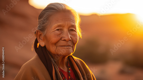 Fotografia Portrait of native american senior woman at sunset by generative AI
