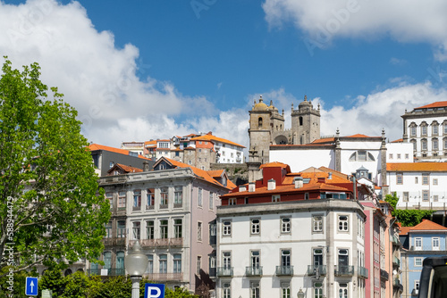 Oporto, Portugal. April 12 , 2022: Landscape in the city with blue sky and city architecture.