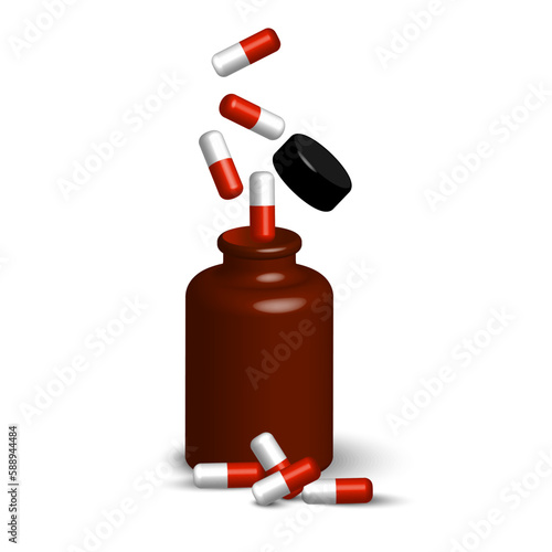 pills fall into bottle. Realistic 3d vector. Vector illustration.