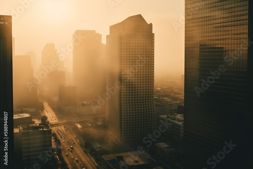 Photorealistic ai artwork of a city in thick smog and pollution at sunset. Generative ai.