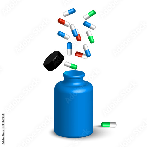 pills fall into bottles. Realistic 3d vector. Vector illustration.