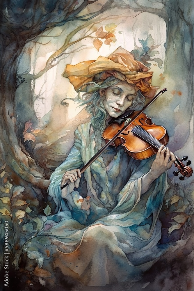 Fairy player, beautiful woman spirit playing violin, irish fiddle in enchanted forest, AI generative watercolor illustration Fairy player, beautiful woman spirit playing violin, irish fiddle in enchanted forest, AI generative watercolor illustration