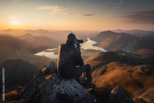Photorealistic ai artwork of a person photographer on top of a mountain at sunset or sunrise. Generative ai.