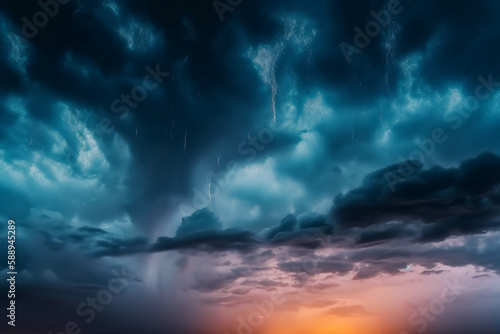 Photorealistic ai artwork of a large rainstorm at sunset or sunrise. Dramatic sky. Generative ai.