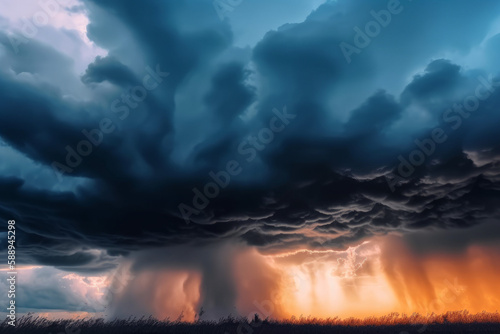 Photorealistic ai artwork of a large rainstorm at sunset or sunrise. Dramatic sky. Generative ai.