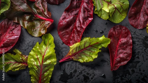 Red beet leaves on black, flat lay, top view, AI generative © Friedbert
