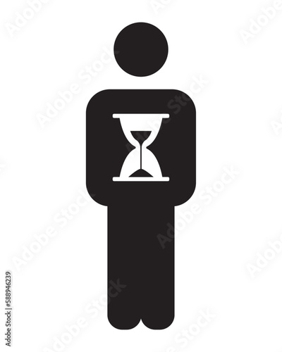 The hourglass icon is inside the person symbol. Important things in life. Black graphics on white background. Time of life,