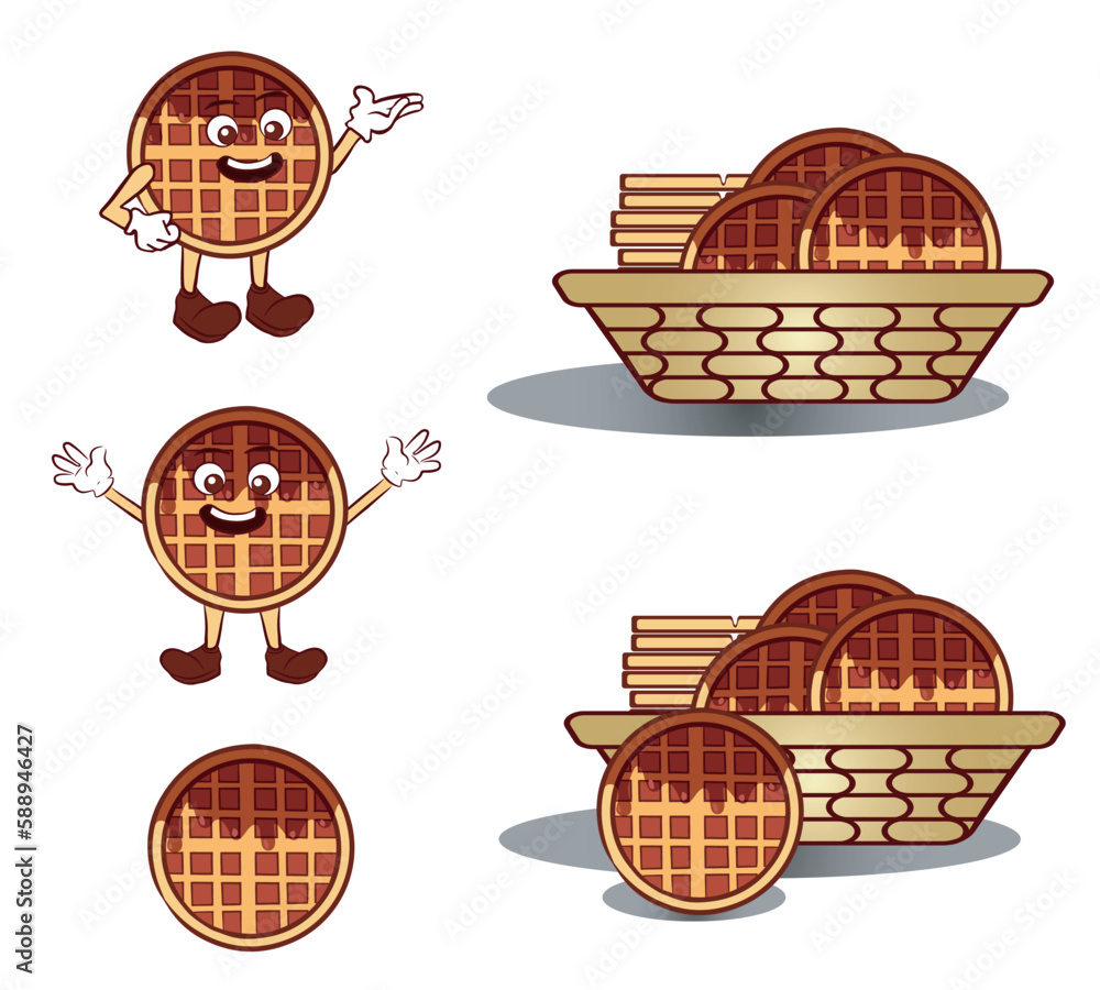 Collection Of Waffles Black And White Drawings Includes Two Mascots One Waffle And Two Basket 4148