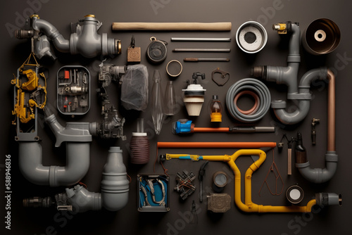 A flat lay photograph of plumbing equipment used in the industry is an excellent way to showcase the variety of tools and materials used in plumbing. Generative AI.