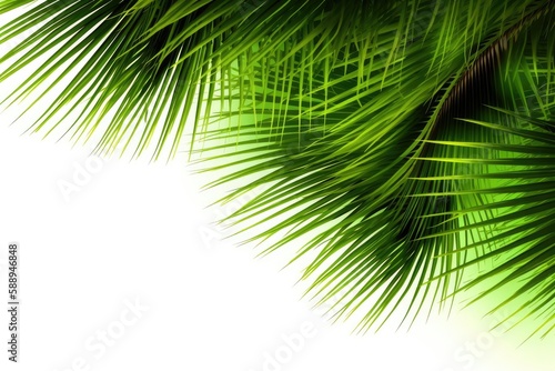 detailed close-up of a palm tree branch with green fronds. Generative AI