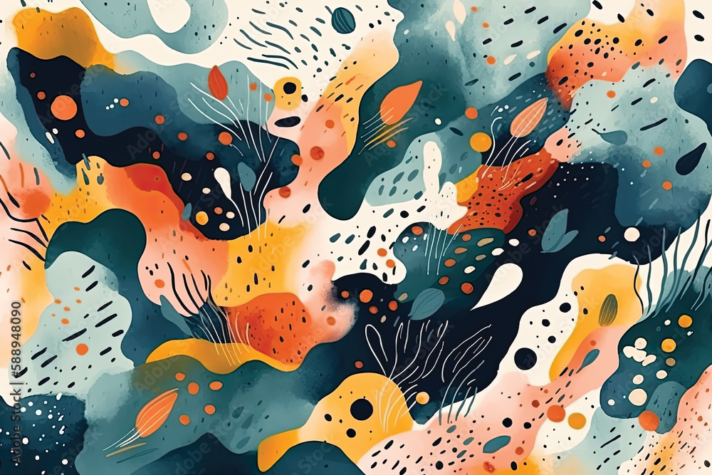 Seamless pattern with watercolor spots and abstract shapes.